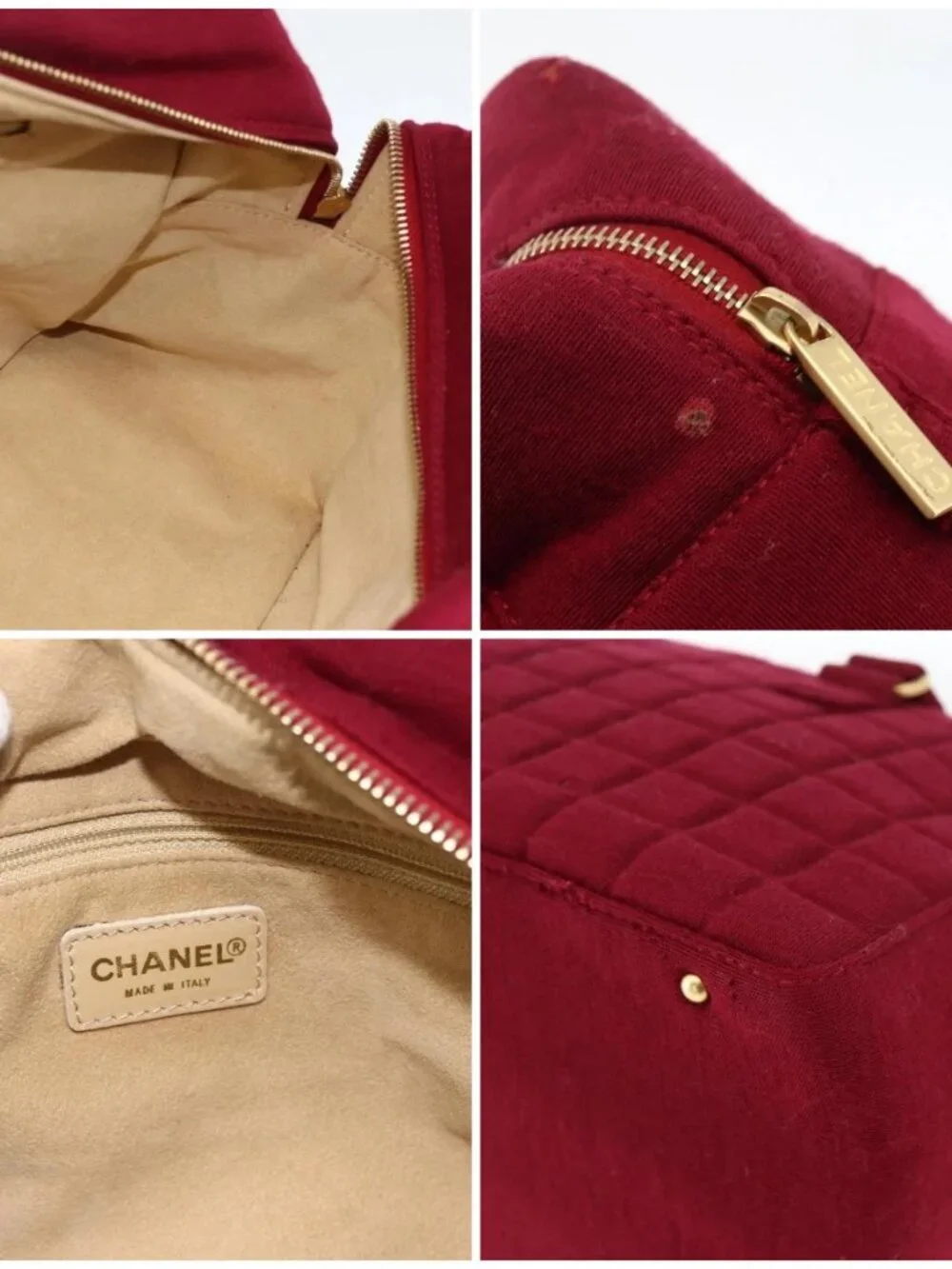 CHANEL Choco Bar Hand Bag Cotton Bordeaux Gold CC Auth BAZ870